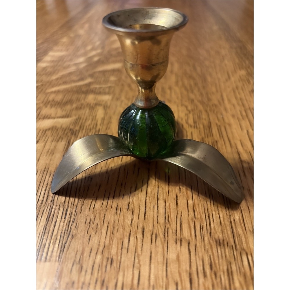 Vintage Brass Leaf Candle Holder With Green Glass Center